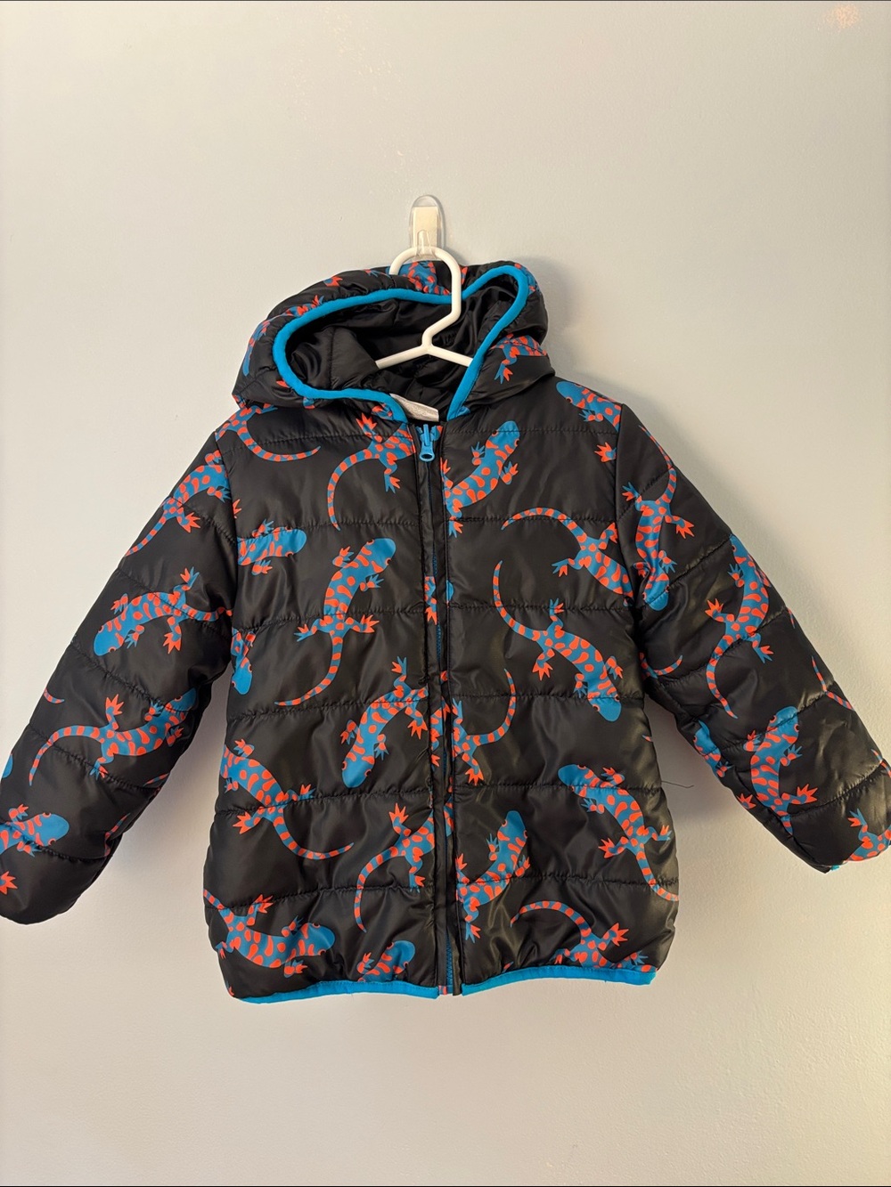 Epic Threads Black Puffer Jacket with Blue & Red Lizard Print